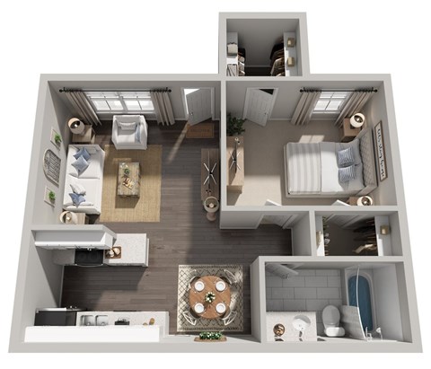 Floor plan for 1 bed, 1 bath, 611 sqft